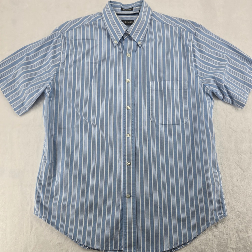 St. Johns Bay Shirt Mens Medium Button Down Blue White Striped Short Sleeve